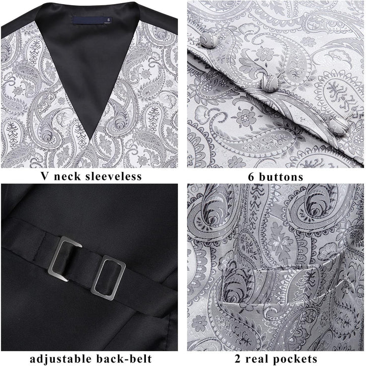 Enlision Herren Paisley Floral Jacquard Weste & Krawatte und Pocket Square Weste Anzug Set L Grau, L