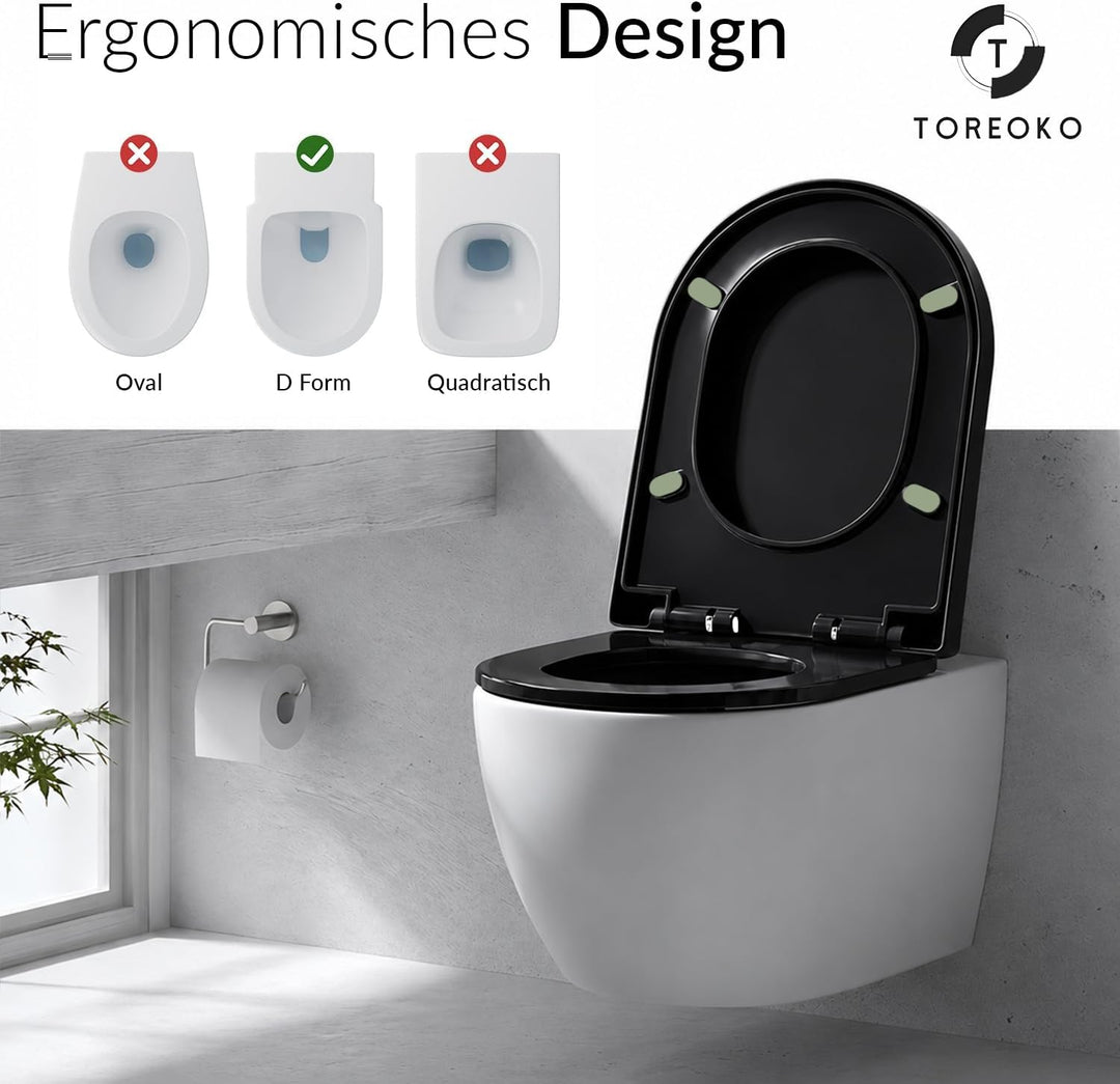 Toilettendeckel D-Form Schwarz 46,5x36cm, WC Sitz Eckig Modern mit Verstellbaren Scharnieren, Klodec