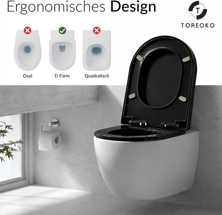 Toilettendeckel D-Form Schwarz 46,5x36cm, WC Sitz Eckig Modern mit Verstellbaren Scharnieren, Klodec