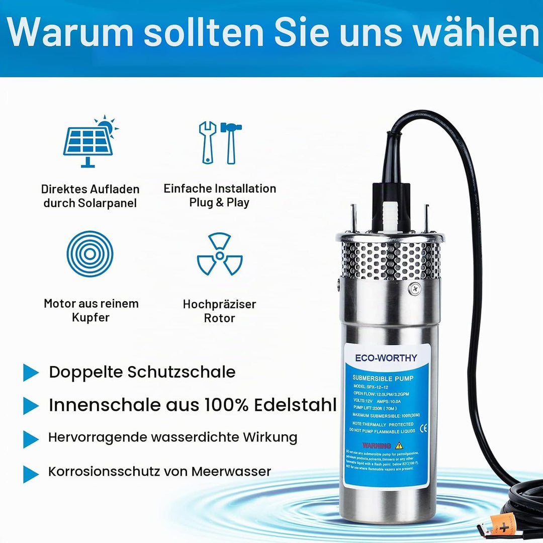 DCHOUSE Edelstahl-Tauchpumpe Flüsterleise Tiefbrunnenpumpe für Teiche, Aquarien, Geflügelbehälter, S