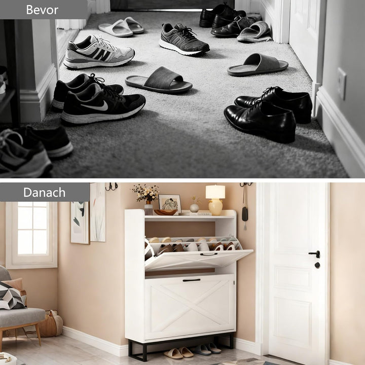 Schuhschrank schmal, Schuhkipper mit 2 Klappen, Schuhregal mit 4 Ablageflächen für Flur, Schuhkommod