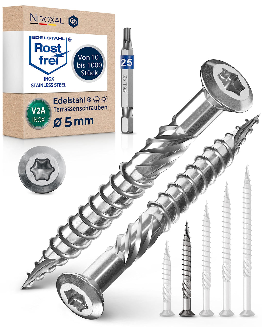 Terrassenschrauben 5x50 Edelstahl A2 Linsenkopfschrauben Torx Schrauben 5mm stark 500 Stück Holzschr