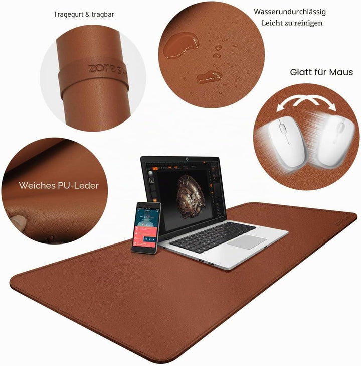ZORESYN Schreibtischunterlage aus PU-Leder [Braun] - XXL Tischschoner (120x60cm) wasserdichte Schrei