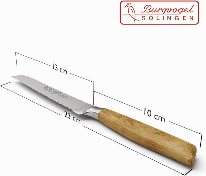 Burgvogel Solingen Brötchenmesser 13 cm geschmiedet Olivenholz, Oliva Line, Wellenschliff, rostfrei,