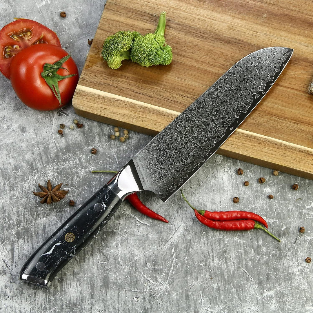 Tsume Santoku Messer Black Marble, Klingenlänge 22cm, Echtes Damast Küchenmesser, 67 Schichten VG10