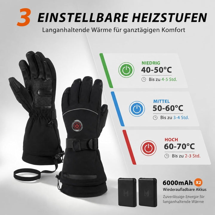 MRAWARM Beheizbare Handschuhe für Damen und Herren mit 6000mAh Akku Schwarz XL, Schwarz XL