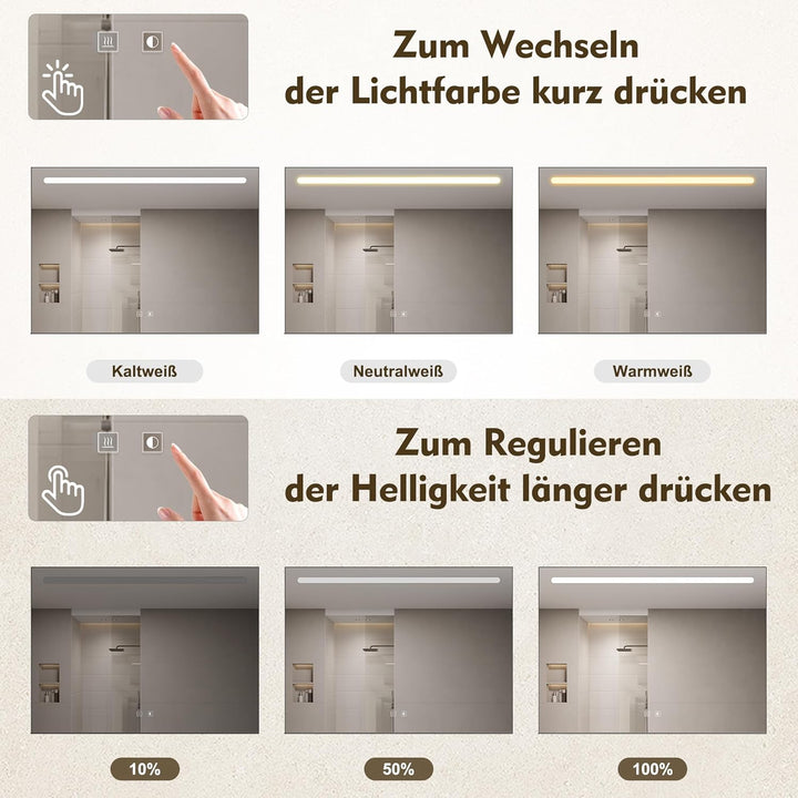 SONNI LED Badspiegel 70x50 cm, LED Wandspiegel mit Ablage 70 cm, 3 einstellbare Lichtfarben, Anti-Be