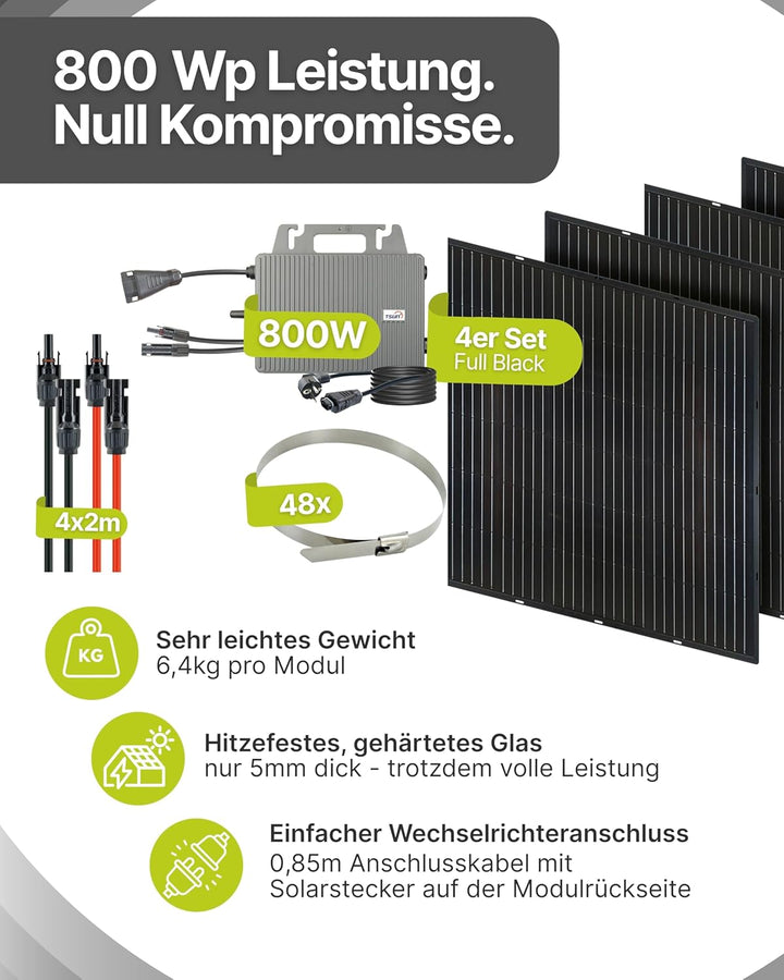 Slim-Line Modul 4er Set mit Wechselrichter Balkonkraftwerk Komplettset PV-Anlage Solaranlage, 4er Se
