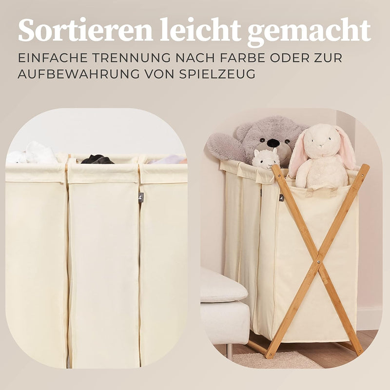 Hennez Wäschesammler XXL - Wäschekorb 3 Fächer - Wäschesortierer Wäschebox - Holz - Wäschetrenner Be