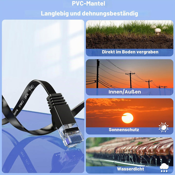Netzwerkkabel 50m Outdoor Indoor, LAN Kabel 50 meter Cat 6 Gigabit RJ45 50m Ethernet Kabel Flach - 1