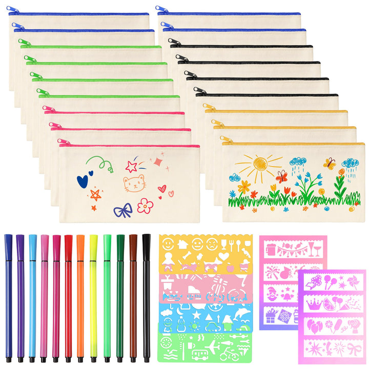 18 Stück DIY Stoff Federmäppchen, Leinwand Federmäppchen zum Bemalen, Mäppchen zum bemalen, 12 Bunts