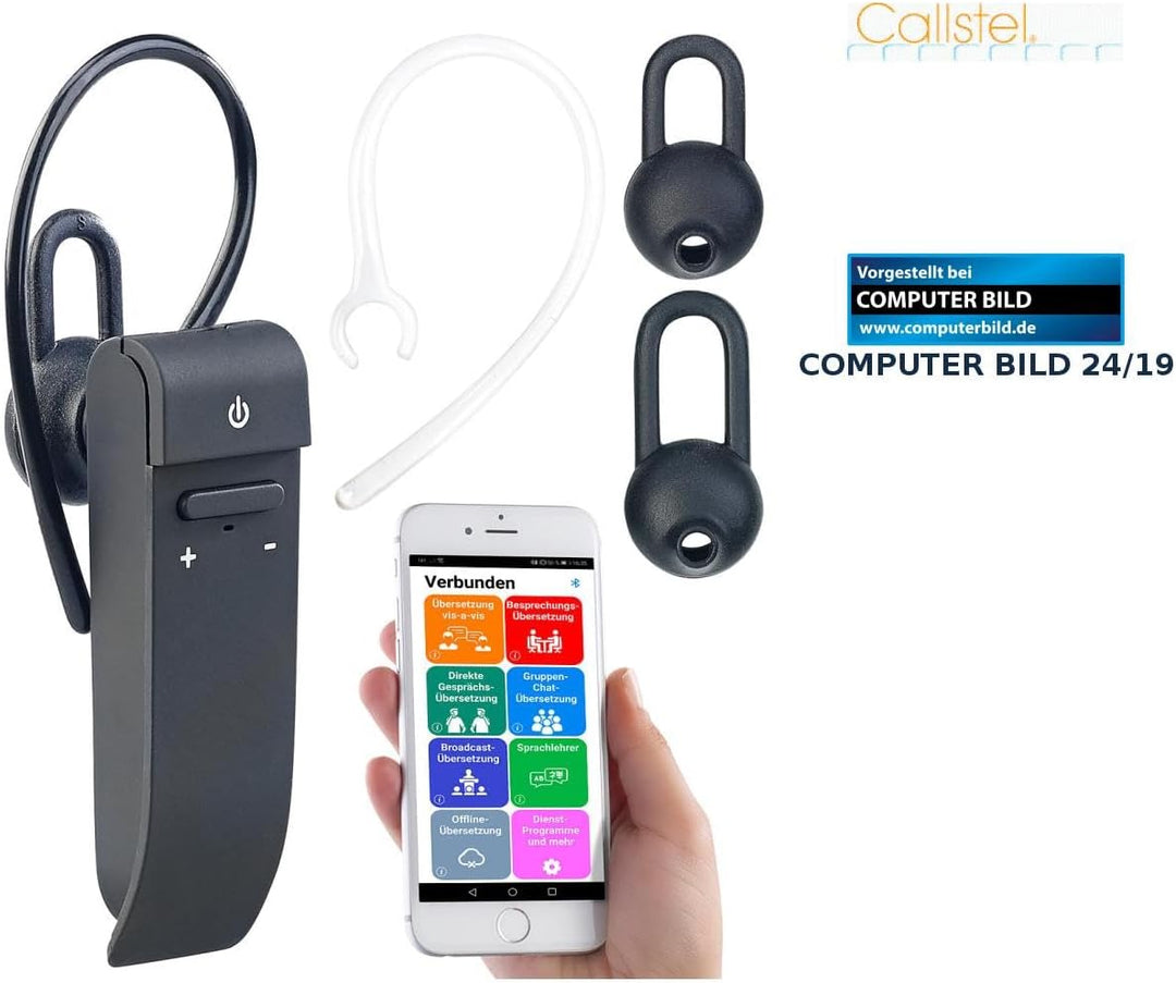 Callstel Sprachübersetzer: 2in1-Live-Übersetzer und In-Ear-Mono-Headset, kabellos, Bluetooth, App (T
