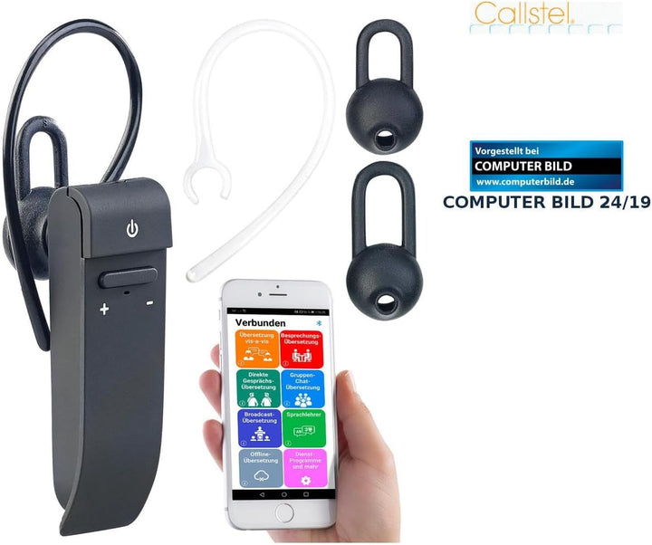 Callstel Sprachübersetzer: 2in1-Live-Übersetzer und In-Ear-Mono-Headset, kabellos, Bluetooth, App (T
