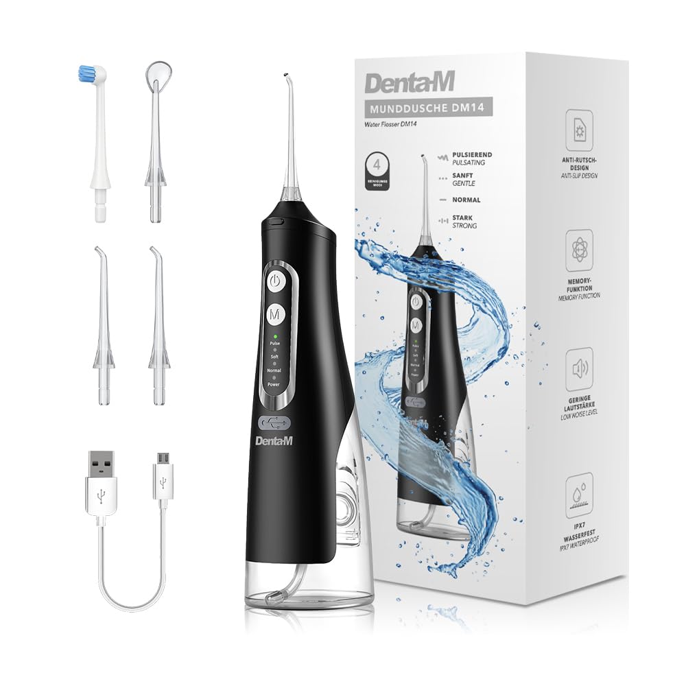 DM14 Munddusche – Kabelloser Water Flosser mit 4 Modi & 4 Aufsätzen – Zahndusche für Zahnreinigung –