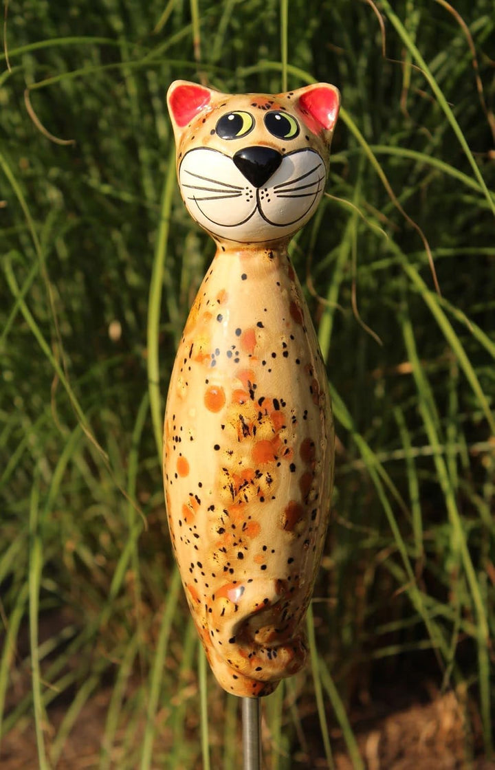 Gartenfigur Katze aus Keramik 30 cm Dekofigur getöpferte Gartendeko braun, Braun