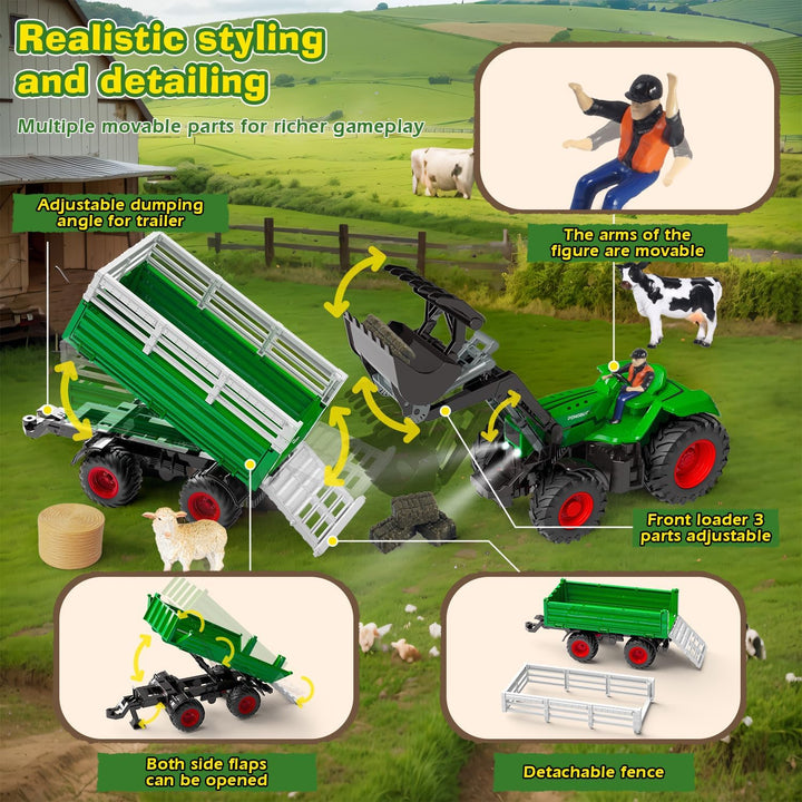 PENGBU RC Ferngesteuerter Traktor mit Anhänger, 2.4 GHz Traktor Ferngesteuert Spielzeug, Kindertrakt