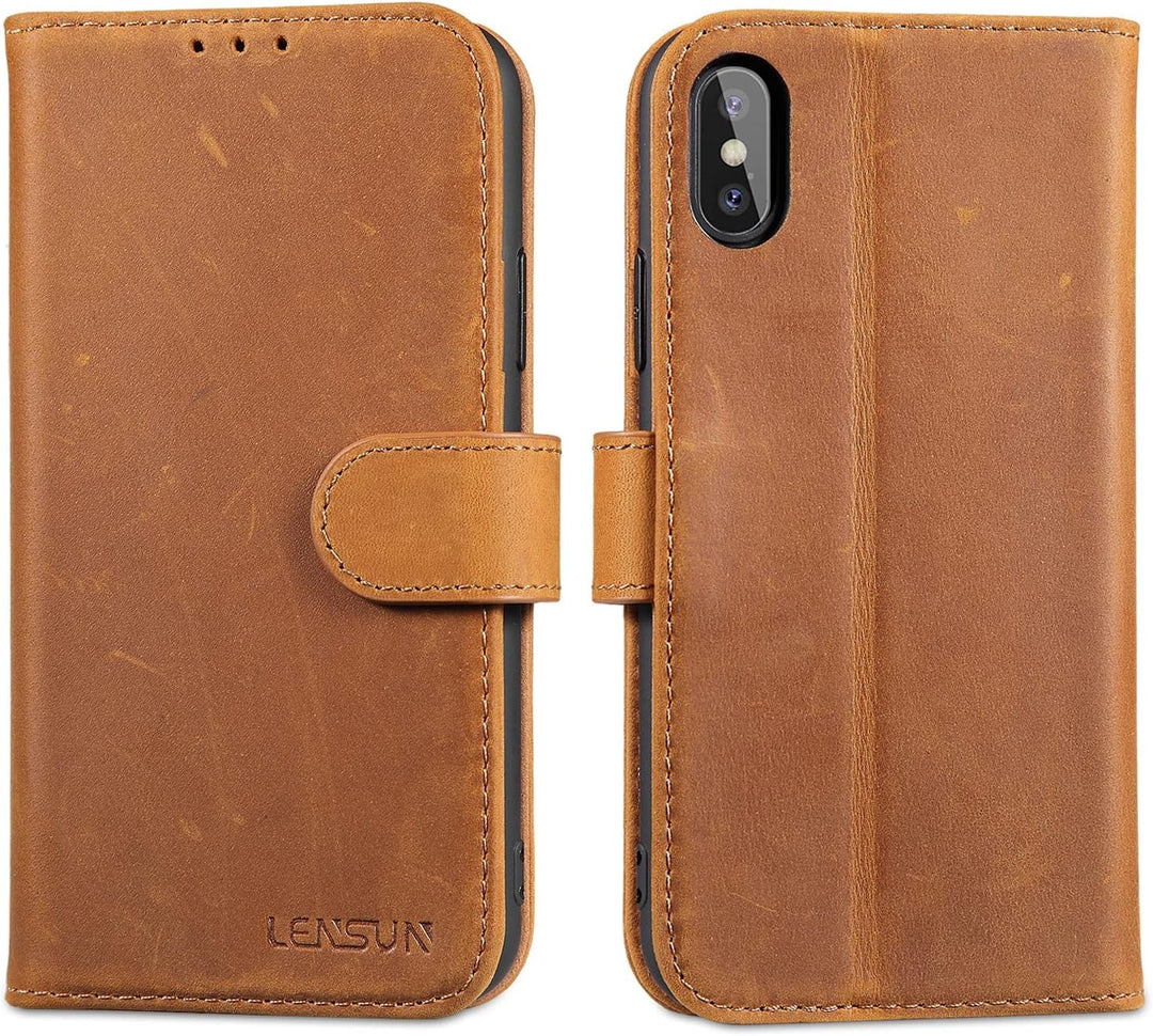 LENSUN Echtleder Hülle für iPhone XS, iPhone X Handyhülle [Echtes Leder][Magnetverschluss][RFID Schu