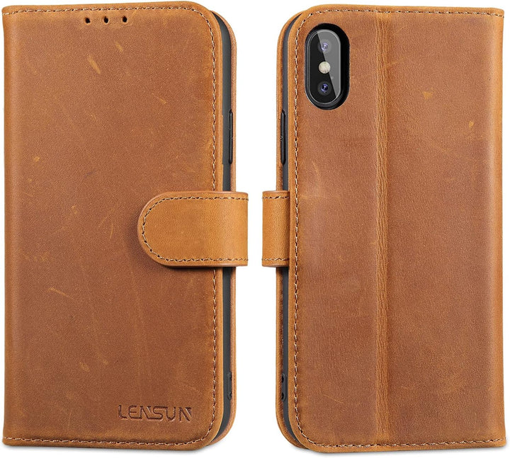 LENSUN Echtleder Hülle für iPhone XS, iPhone X Handyhülle [Echtes Leder][Magnetverschluss][RFID Schu