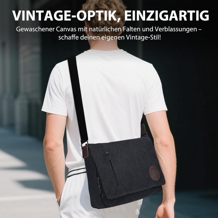 Leathario Umhängetasche Herren 14 Zoll, Messenger Bag aus Echtleder und Canvas, Arbeitstasche Studen