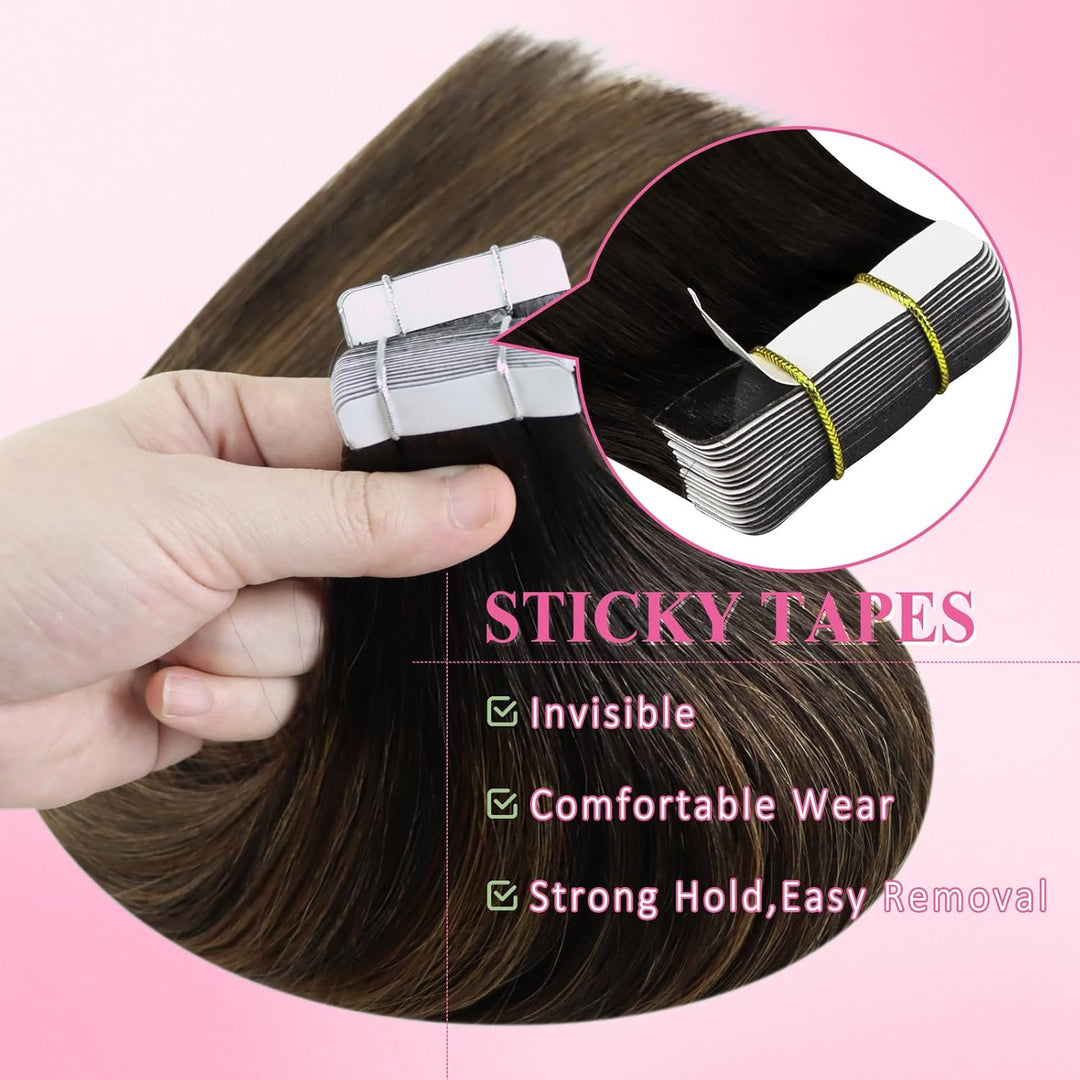 YoungSee Echthaar Extensions Tape Braun 60 cm Tape Extensions Echthaar Braun Ombre Echthaar Tape in
