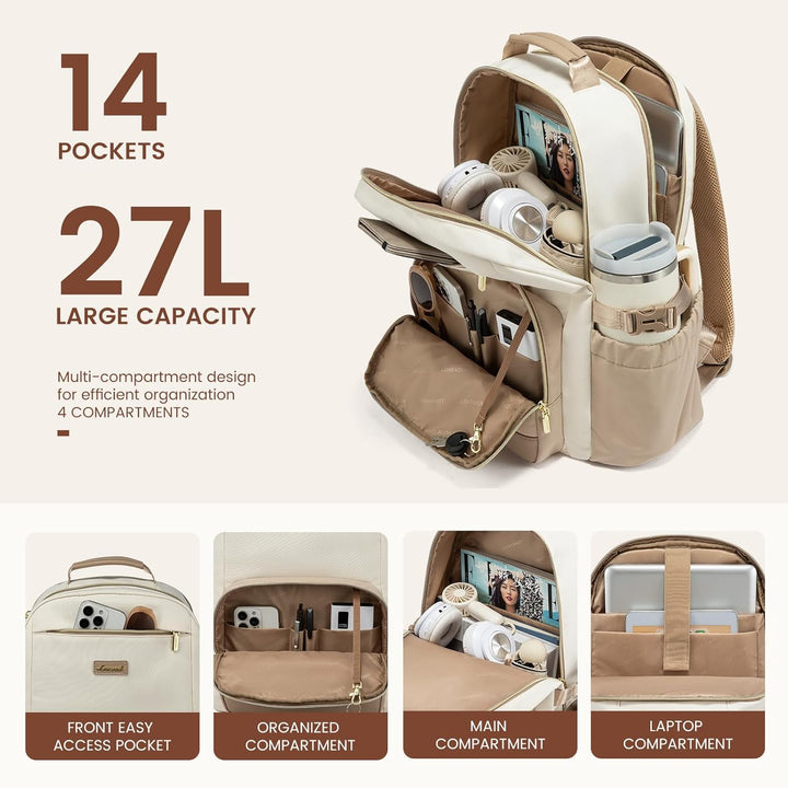 LOVEVOOK Rucksack Damen,15,6 Zoll Laptop Schulrucksack Teenager mit grossem Fach für Trinkflaschen,T