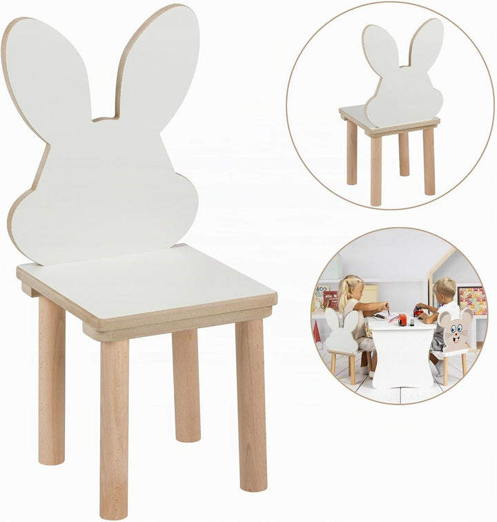Kindertisch + 2 Hasen‑Stühle Set 60×50×47cm – Kinder Tisch &amp; Stuhl Set aus MDF &amp; Holz – weisses Desi