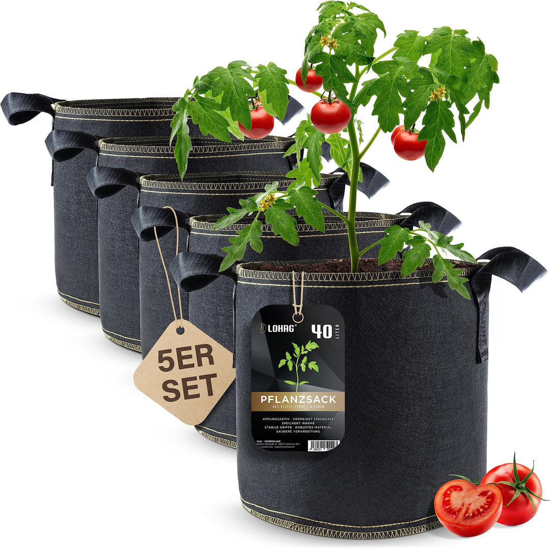 lohag® Premium Vliesstoff-Pflanzsack - 40 Liter, 5er Pack | Perfekt für Kräuter, Blumen, Gemüse &amp; Zi