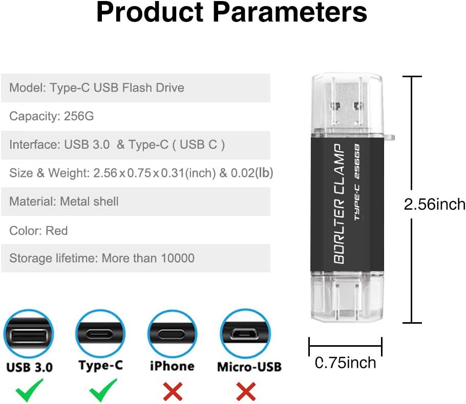 BORLTER CLAMP Type C USB-Stick 256GB OTG 2 in 1 Speicherstick Dual-Port USB 3.0 Flash-Laufwerk mit U