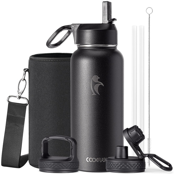 Coolflask Isolierte Edelstahl-Trinkflasche 946 ml mit Strohhalm, 3 Deckel Magic Black 946 ml, Magic