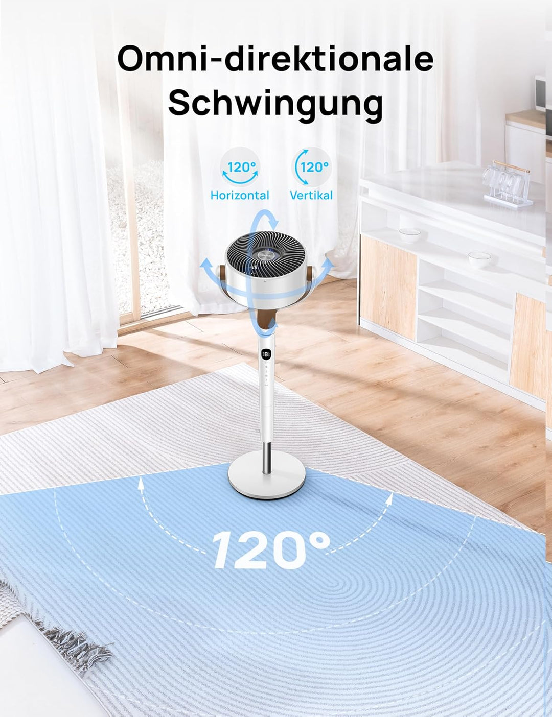 DREO 20dB leiser Standventilator, 120°+120° Omni-direktionale oszillierende Ventilator, 26M Windentf