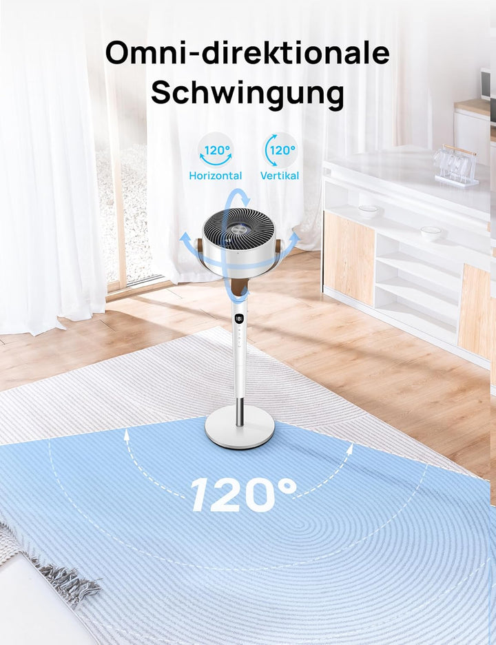DREO 20dB leiser Standventilator, 120°+120° Omni-direktionale oszillierende Ventilator, 26M Windentf