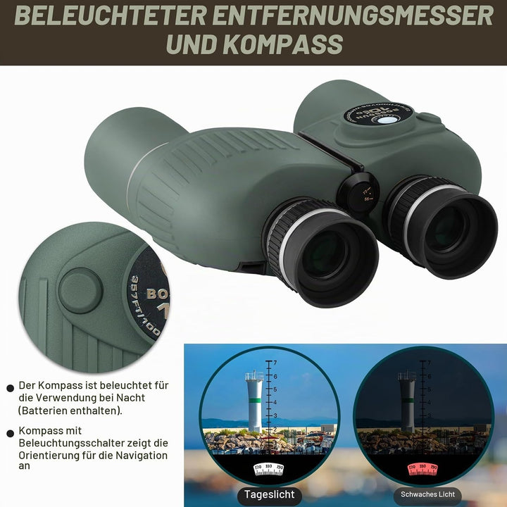 10x50 Marine Fernglas,Fernglas mit Nachtsicht Entfernungsmesser und Kompass, für Wassersport-Enthusi
