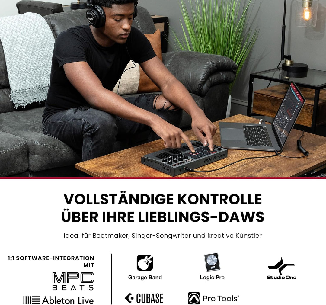 AKAI Professional MPK Mini MK3 – 25-Tasten USB MIDI Keyboard Controller, 8 hintergrundbeleuchtete Dr