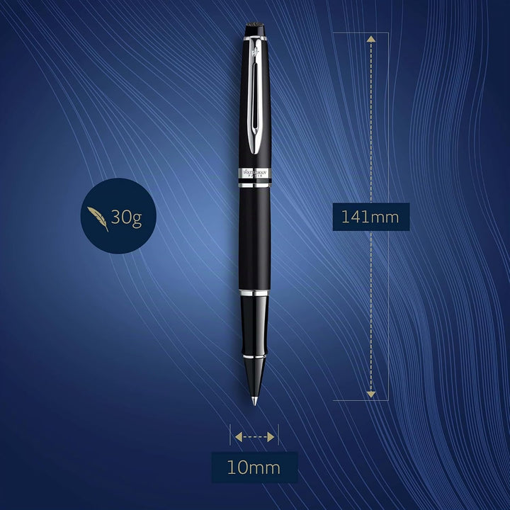 Waterman Expert Tintenroller | Mattschwarz | Chromzierteile| feine Spitze | Schwarz | Geschenkbox Ma