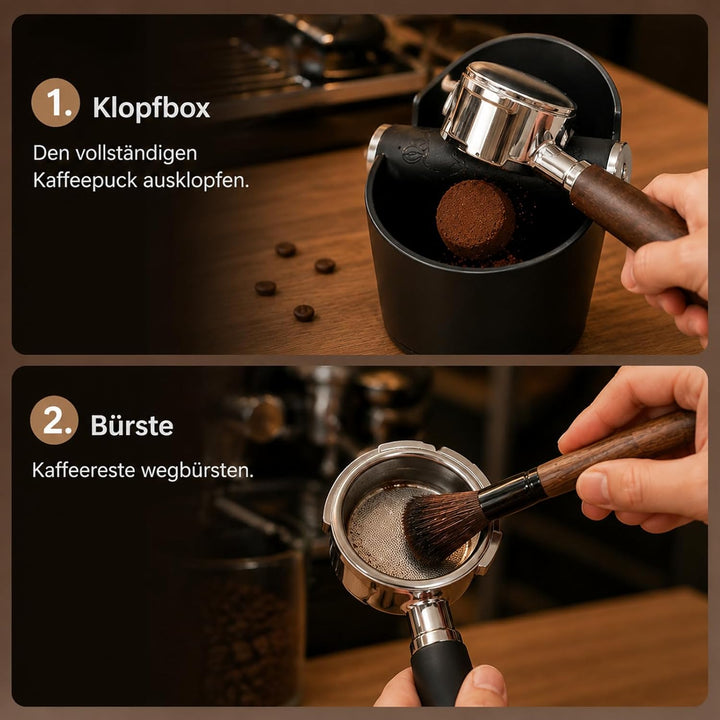 Klopfbehälter mit Barista-Bürste, Kaffeesatz-Auffangbehälter für Siebträger, stossdämpfendes Design,
