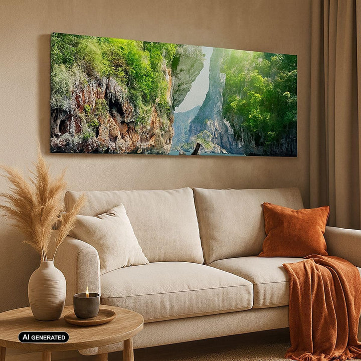 Wandbilder Dekoration Wohnzimmer Boot Klippen Natur Felsen Panorama Bilder auf Leinwand 120x50cm Lei