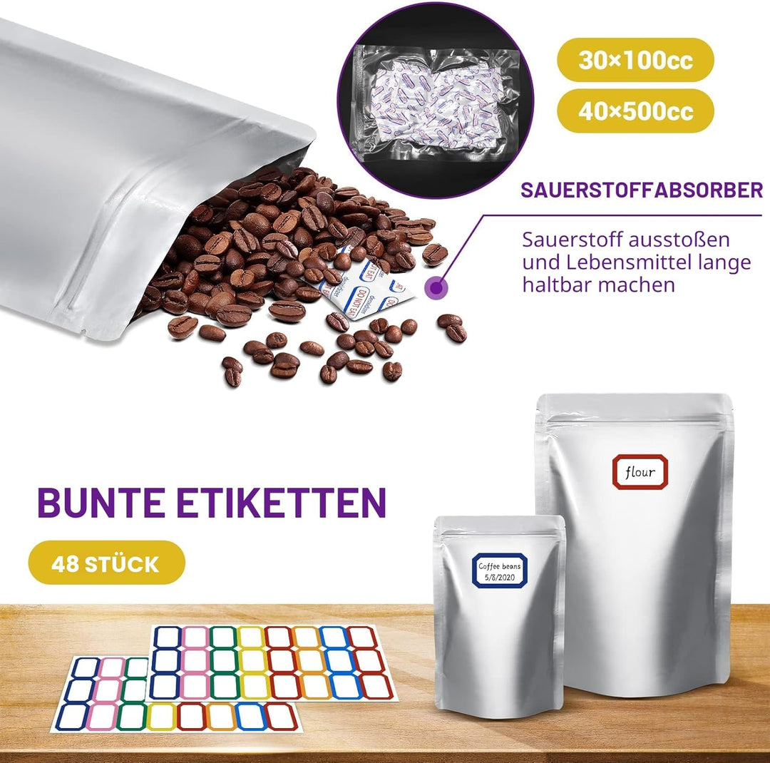 Mylar bags mit sauerstoffabsorber für lebensmittel, 43.5 x 71 cm, 25 x 35 cm, 1 Quart 15 x 22 cm, 8,