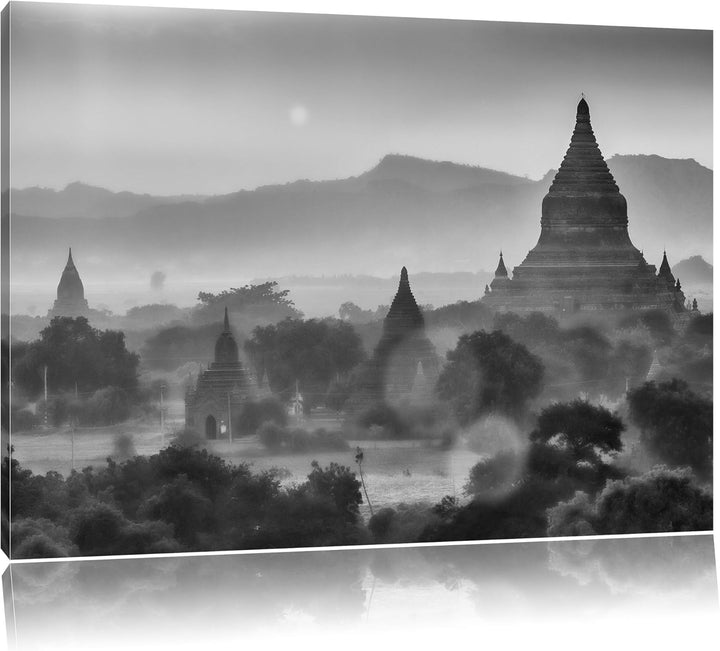 Pixxprint Monocrome, Buddha Tempel im Sonnenuntergang, Format: 100x70 auf Leinwand, 100x70