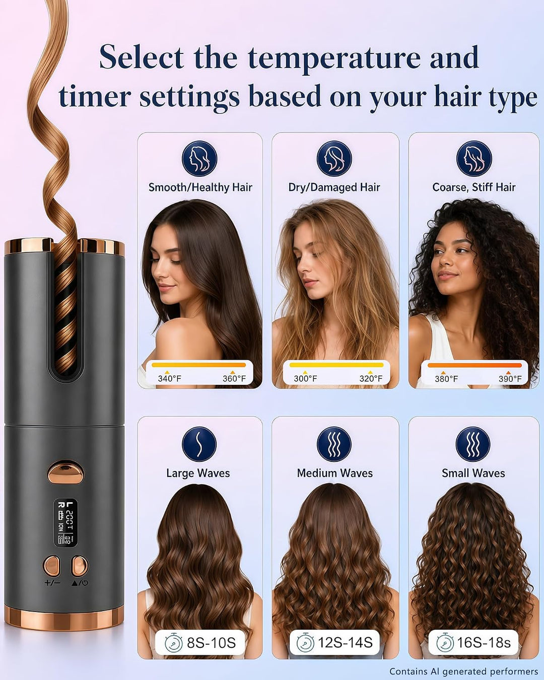 Automatischer Lockenstab Kabellos, Lockenwickler Akku mit Keratin | Welleneisen mit 6 Temperaturen &amp;