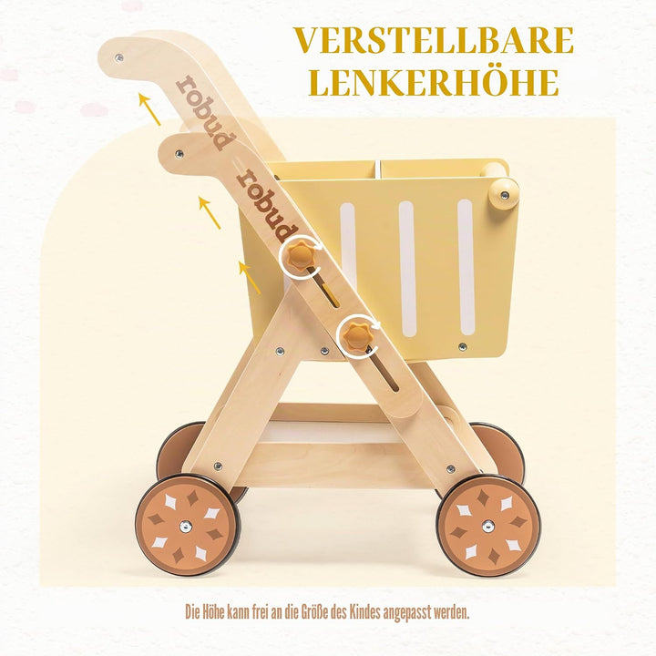 ROBUD Einkaufswagen aus Holz für Mädchen und Jungen, Baby Push Walker, höhenverstellbarer hölzerner