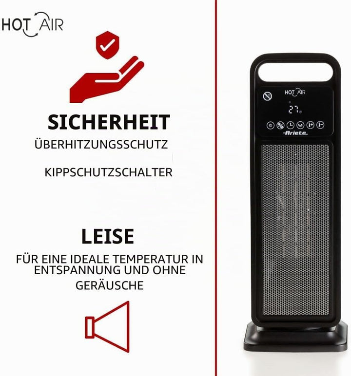 Ariete 8212 Elektrischer Turmheizer, 2000 W, Ventilationsfunktion, Oszillationsfunktion, Timer bis z