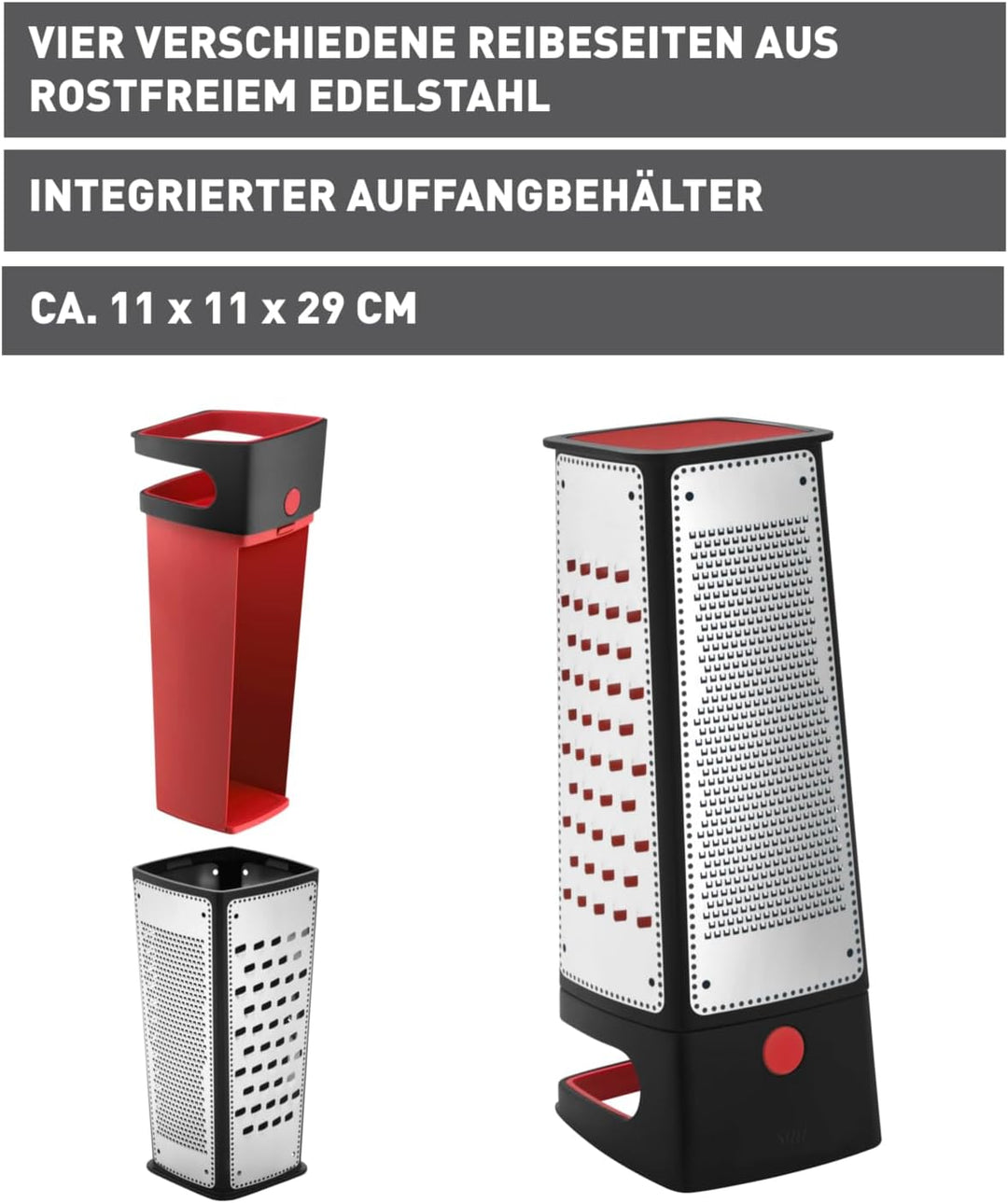 Silit Vierkantreibe mit Auffangbehälter, 29,5 x 11 x 11 cm, 4 Reibeflächen, Edelstahl, Kunststoff, K