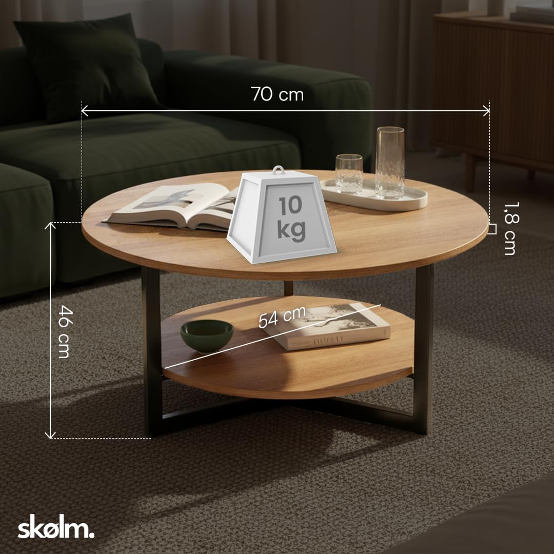 skølm Drakkar Couchtisch rund Ø70 cm – Wohnzimmertisch aus Massivholz Eiche & Metallgestell – Sofati