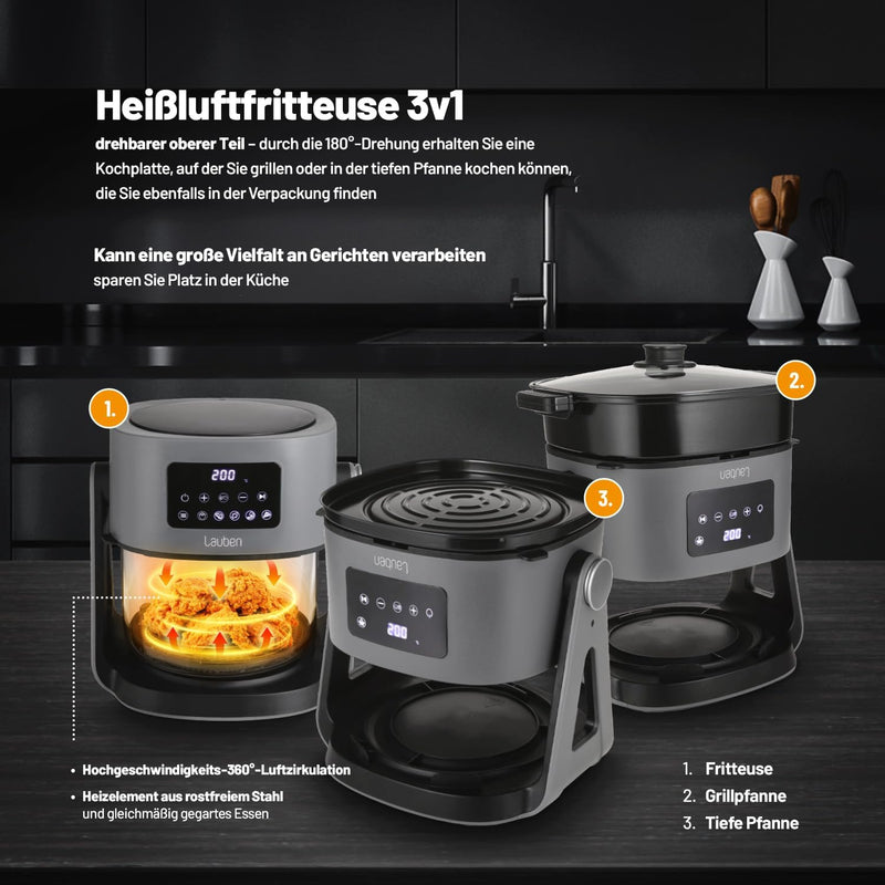 Lauben Glass&Grill Air Fryer 3in1 5500BG Heissluftfritteuse mit Inhalt 5,5 l, Frittierkorb aus Glas,