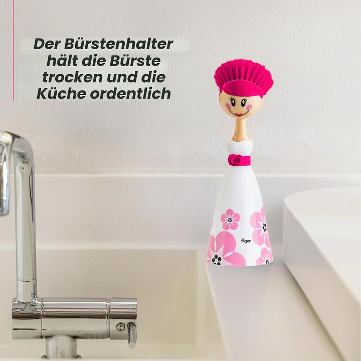 VIGAR Dolls April robuste Spülbürste mit Ständer, ABS, Nylon, Silikon Weiss Rosa April, Weiss Rosa A