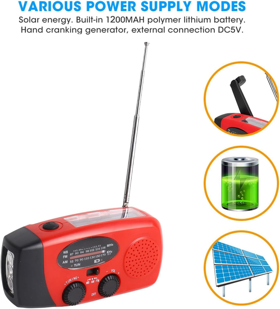 Emergency Handkurbel Radio mit LED -Taschenlampe, Solar &amp; USB -Ladung, AM/FM/NOAA -Wetterbändern, 12