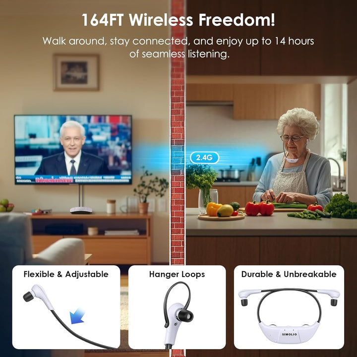 SIMOLIO Dual Digitale TV Hörsystem, 2.4GHz Kabelloser Kopfhörer für Fernseher & Musikanlagen mit Ers
