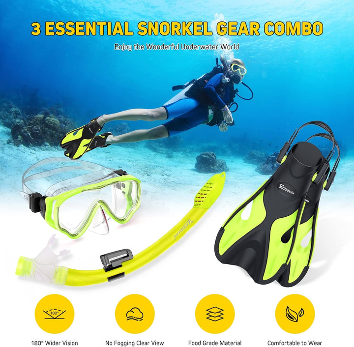 Schnorchelset Kinder mit Flossen,Anti-Fog 180°Panorama Taucherbrille Kinder, Verstellbaren Schwimmfl