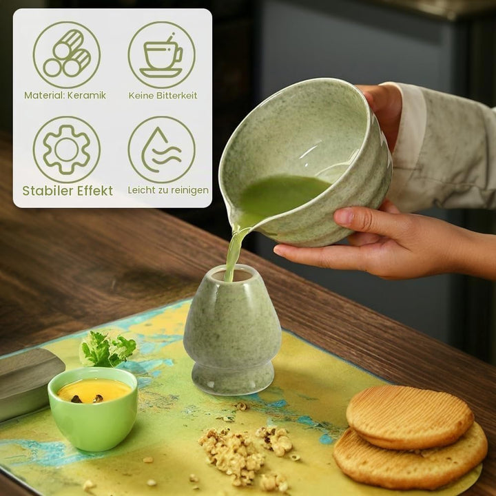 5 Stück Matcha Set, Bambus Matcha Besen, Keramik Matcha Schale mit Ausgiesser, Matcha Whisk, Schaufe