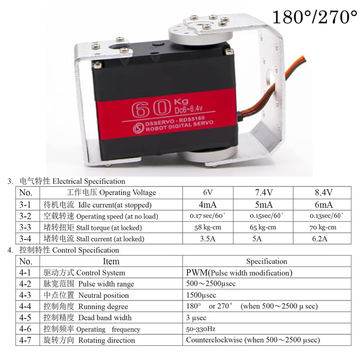 Wishiot 60 kg Servo RDS5160 RC Digital Servo High Torque Mental Gear 270 Degree mit U-förmiger Befes